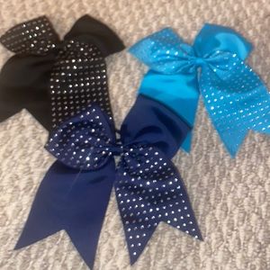 Bundle of 3 cheer bows navy blue turquoise and black w rhinestones pony tail